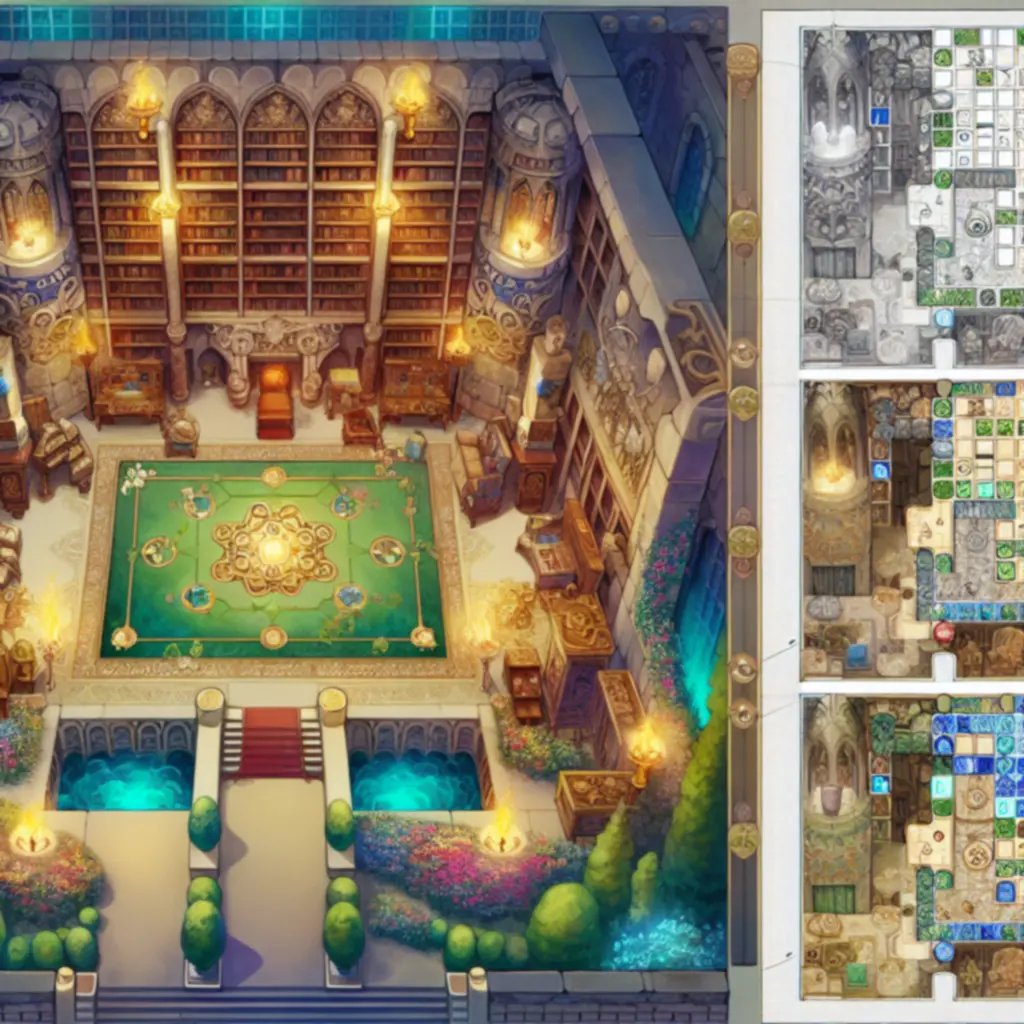 Kolaż funkcji gry: różne komnaty, zagadki i ulepszenia zamku