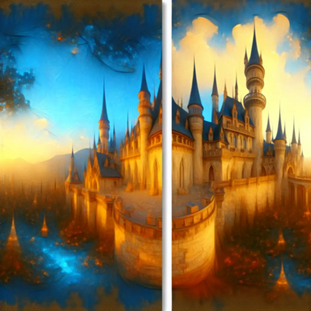 Panorama bajkowego zamku z gry Castle Ramble Premium w miękkiej, złocisto-błękitnej palecie