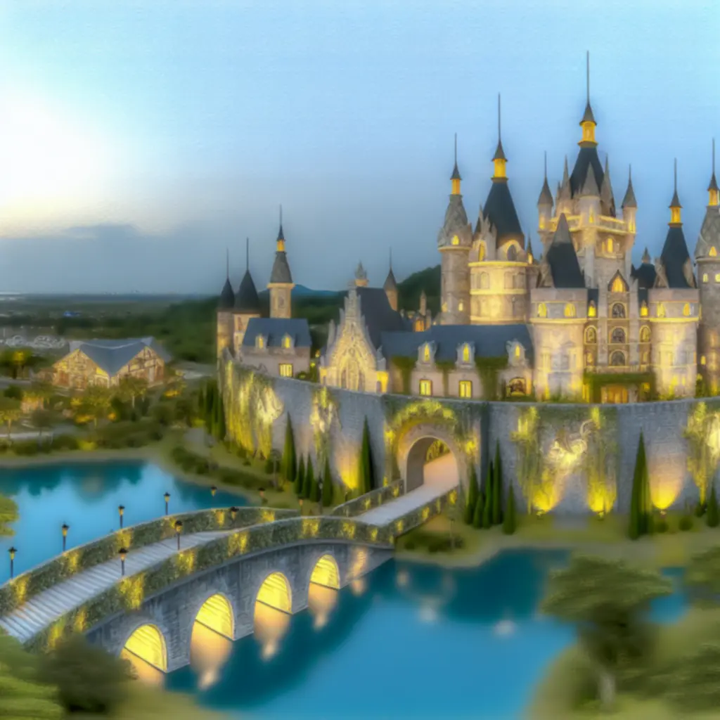 Panorama bajkowego zamku z mostem i świetlistymi detalami