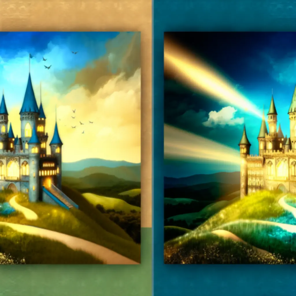 Ilustracja zamku z Castle Ramble Premium w miękkich niebiesko-złotych barwach